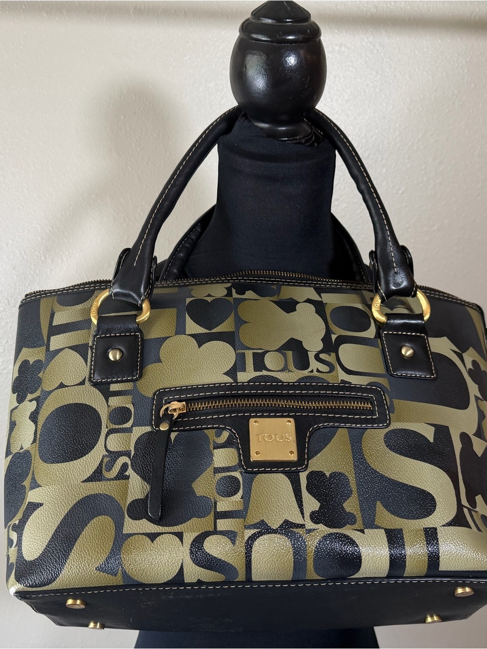 TOUS Olive Green and Black Teddy Bear Logo-Print Satchel with Gold Hardware